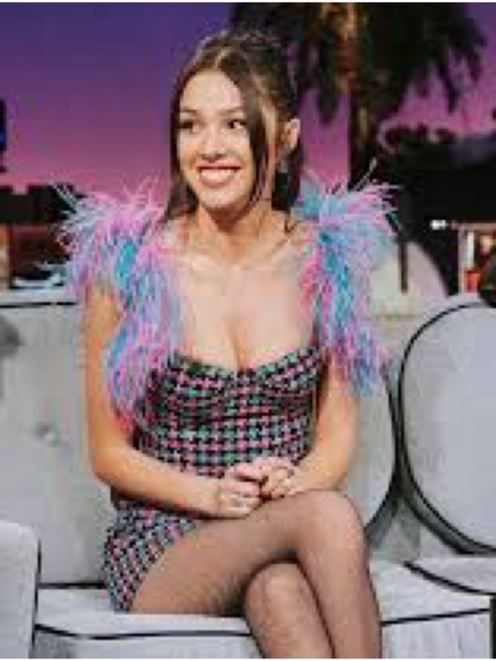 AREA  NEW Pink & Blue Strapless Feather-Shoulder Mini Dress